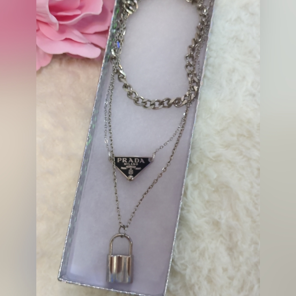 Prada Silver Black Triangle Logo Upcycled Layered Necklace Lock Chain Authentic - Picture 4 of 4